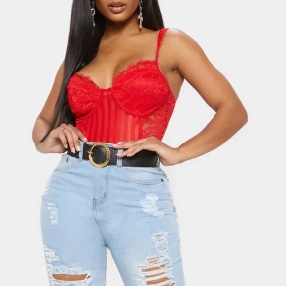 🎀 5/$20 🎀 PrettyLittleThing Shape Red Lace Bodysuit size 10 - Picture 16 of 16